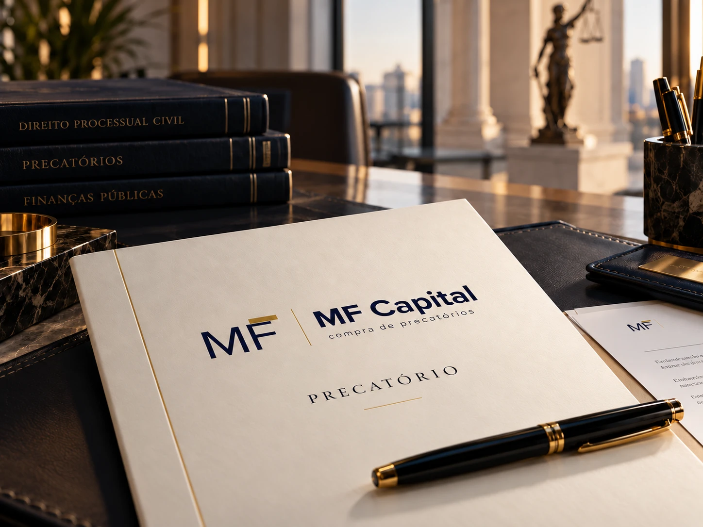Pasta com a marca MF Capital, livros jurídicos e caneta sobre uma mesa