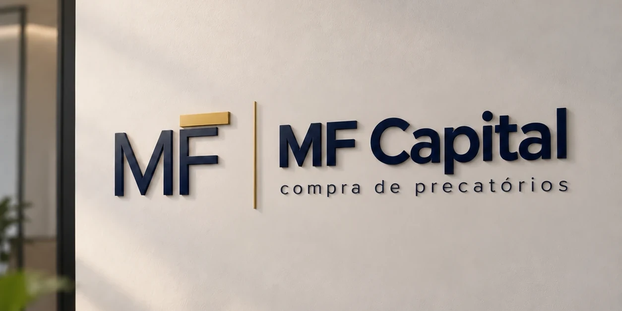 Placa com o logotipo da MF Capital na parede do escritório